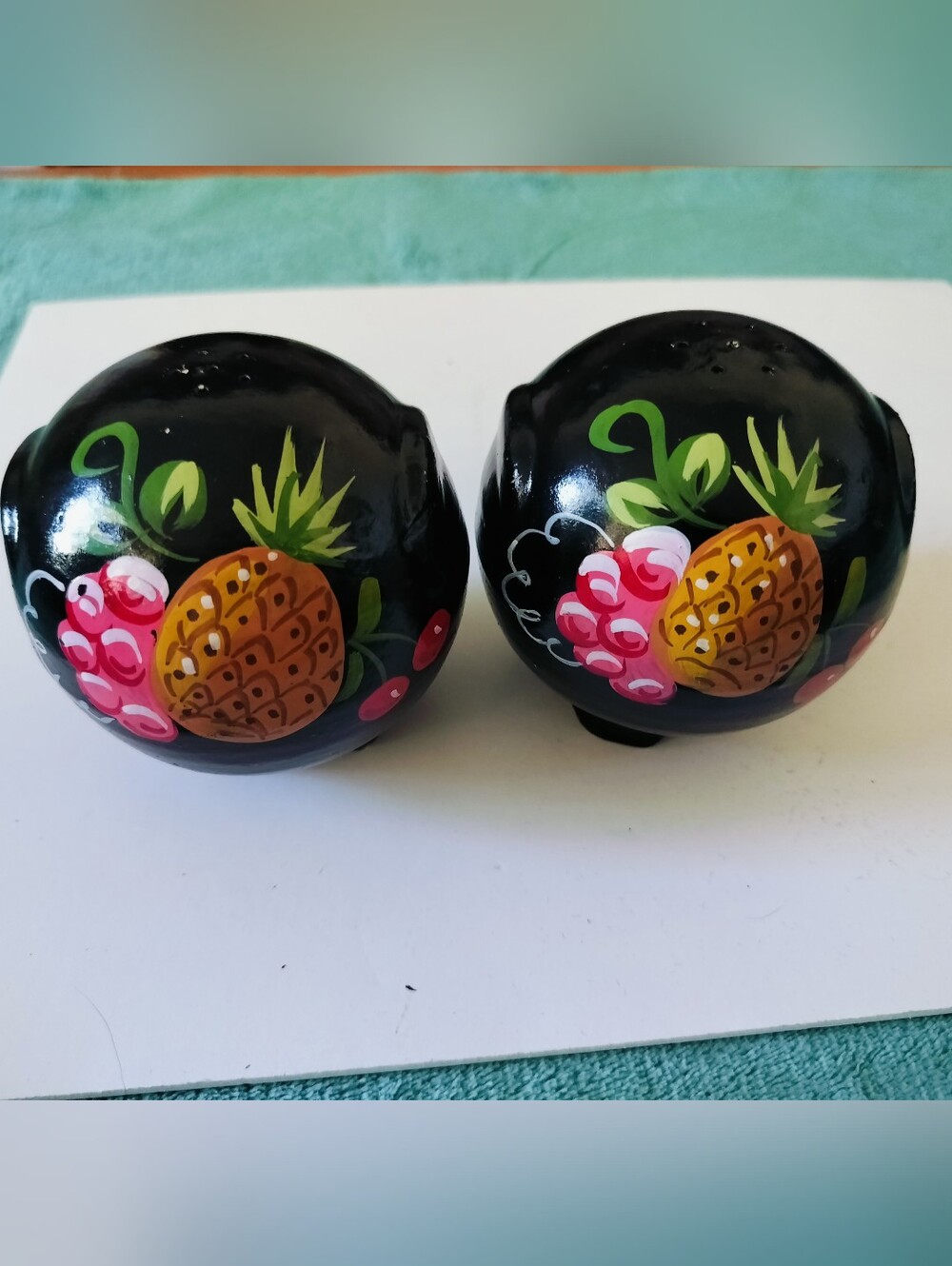 Vintage Hand-Painted Fruit Motif Wooden Salt and Pepper Shakers Set